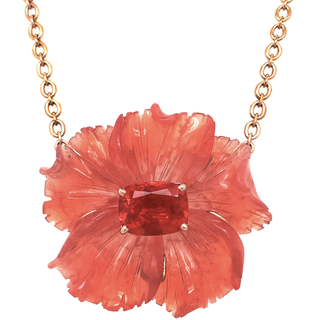 Carved Rhodochrosite with Fire Opal Center Flower Rose Gold Necklace