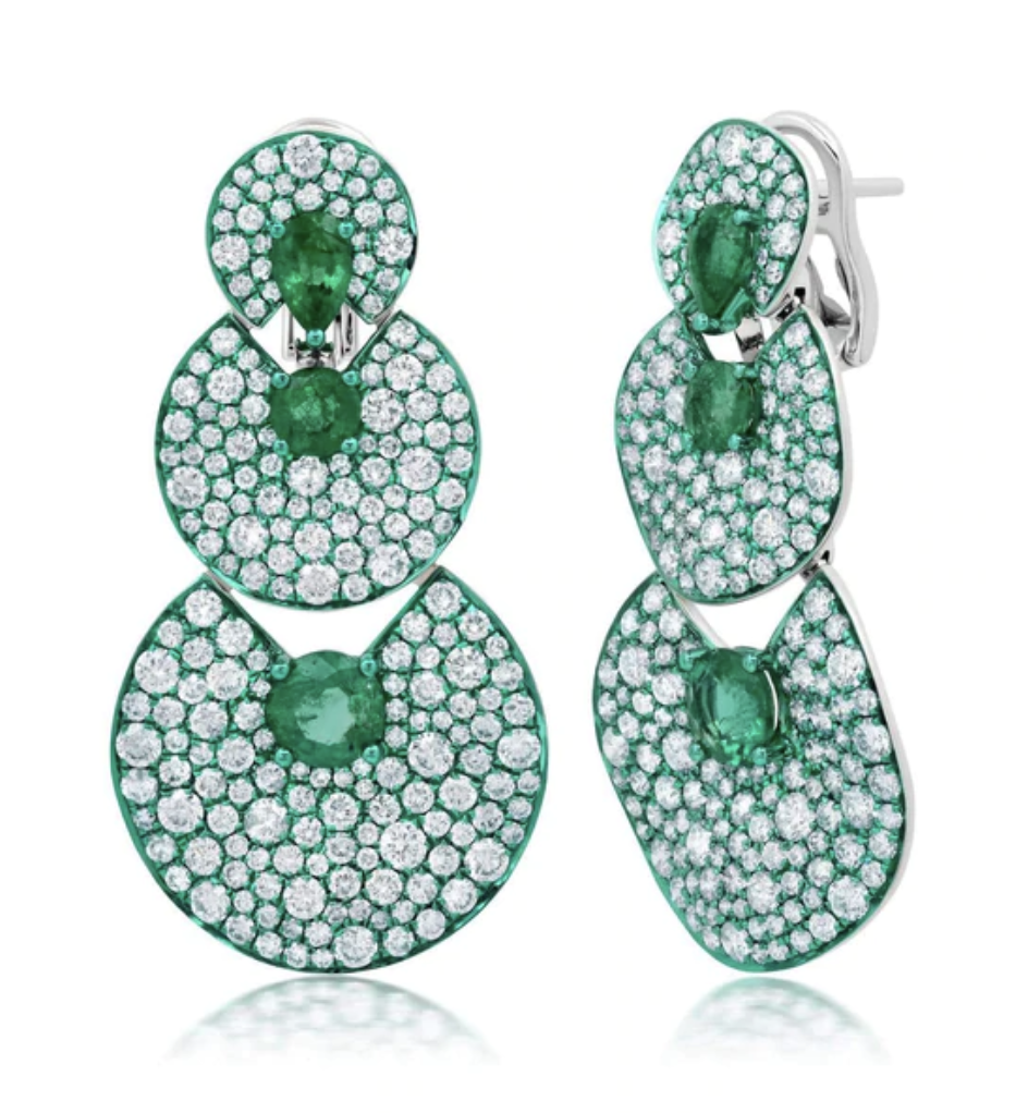 Three disc earrings with emerald and diamond