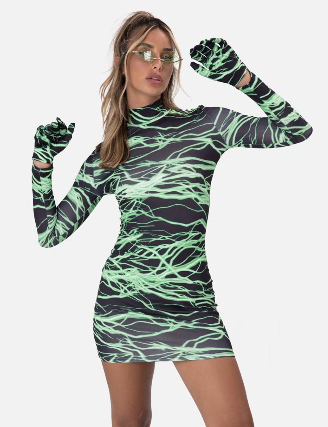 NEON NIGHTS Mini dress with gloves