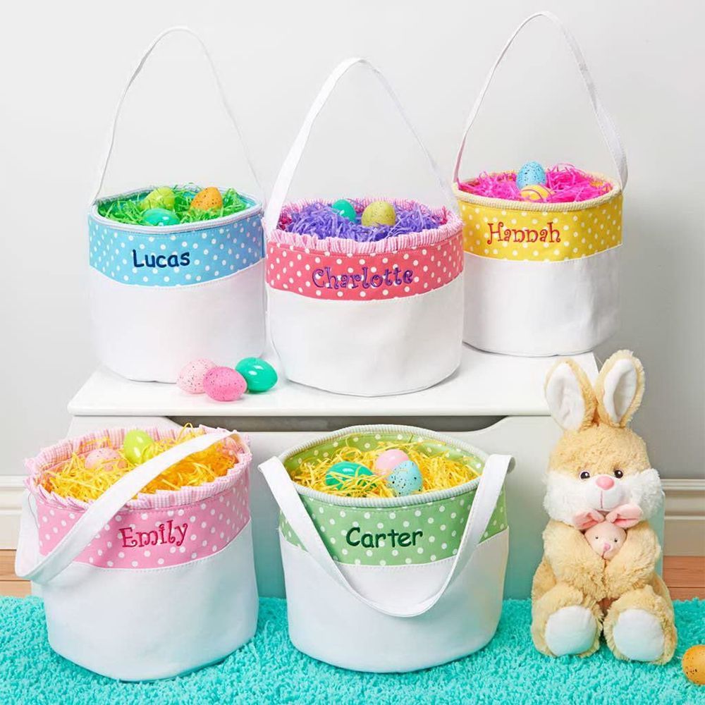 Easter Basket for Kids,Seersucker Easter Bunny Basket for Girls Boys Easter Egg Hunts,Easter Gift Goodie Bags,Easter Kids Party Favor Supplies Pink 