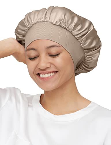 FEDULK Womens Soft Silk Hair Salon Bonnet with Wide Band Comfortable Night Sleep Hat Hair Loss Cap 