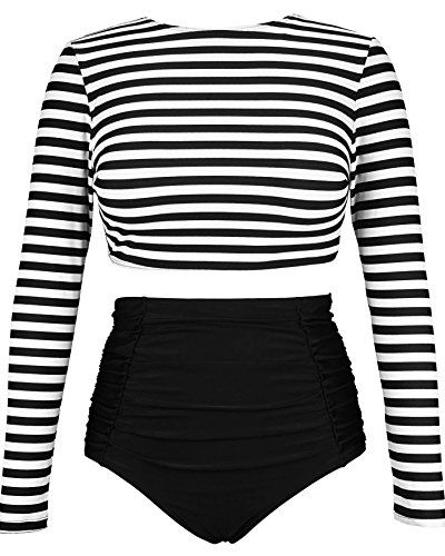 Black & White Striped Long-Sleeved High-Waisted Bikini