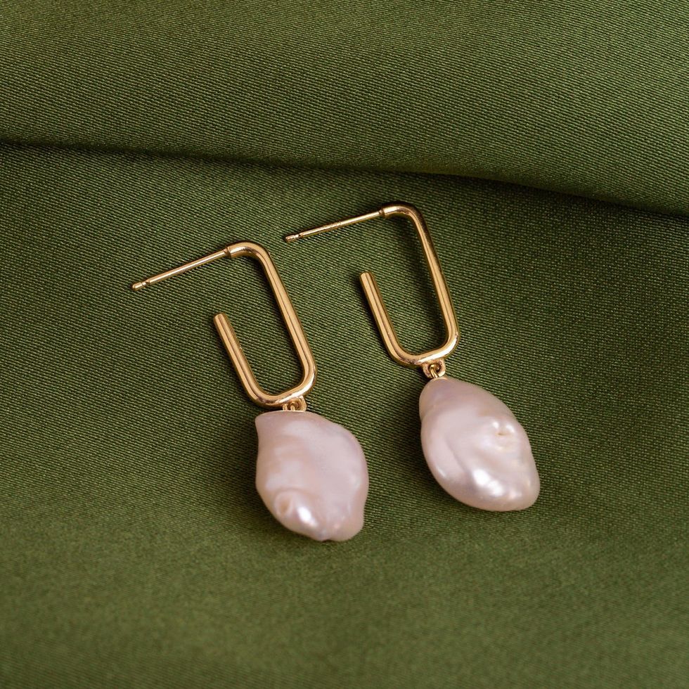 Organic Pearl Drop Rectangle Hoop Earrings