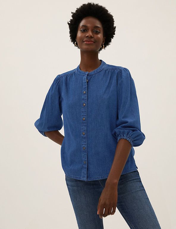 Collarless Roll Tab Sleeve Button up Denim Shirt. Split Neck Soft Jean  Blouse. Casual Basic All Seasons Top. Pink Blue White Grad Gift - Etsy  Norway