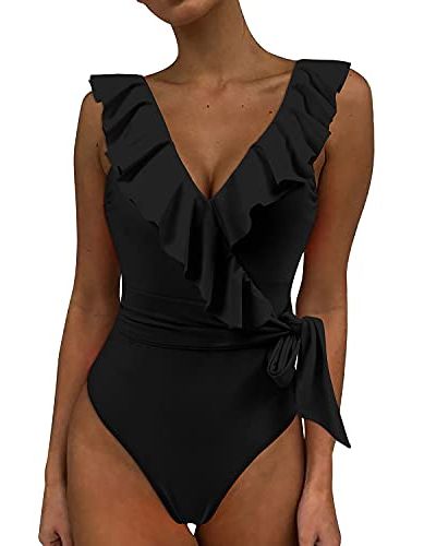 Smismivo Tummy Control Swimsuits for Women Modest One Piece Bathing Suit  Slimming Ruffle Short Sleeve Ruched Teen Swim Swimming Suits Full Coverage  1 Piece Swimwear for Pool (Black) at  Women's Clothing