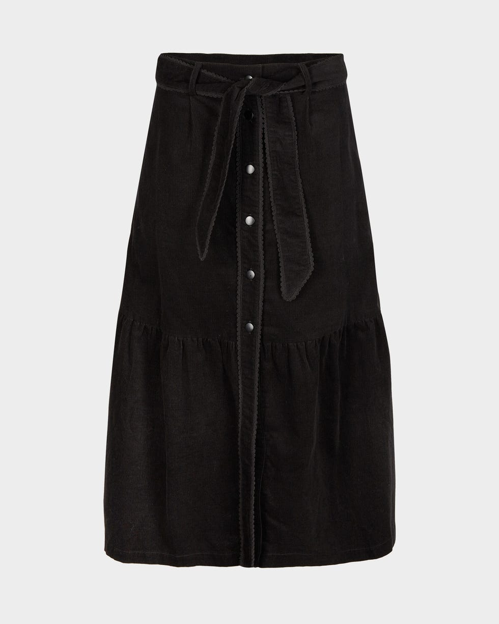 Corduroy Button Through Black Tiered Midi Skirt