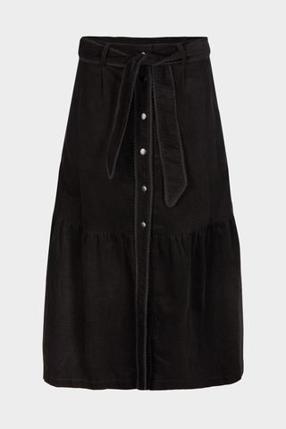 Corduroy Button Through Black Tiered Midi Skirt