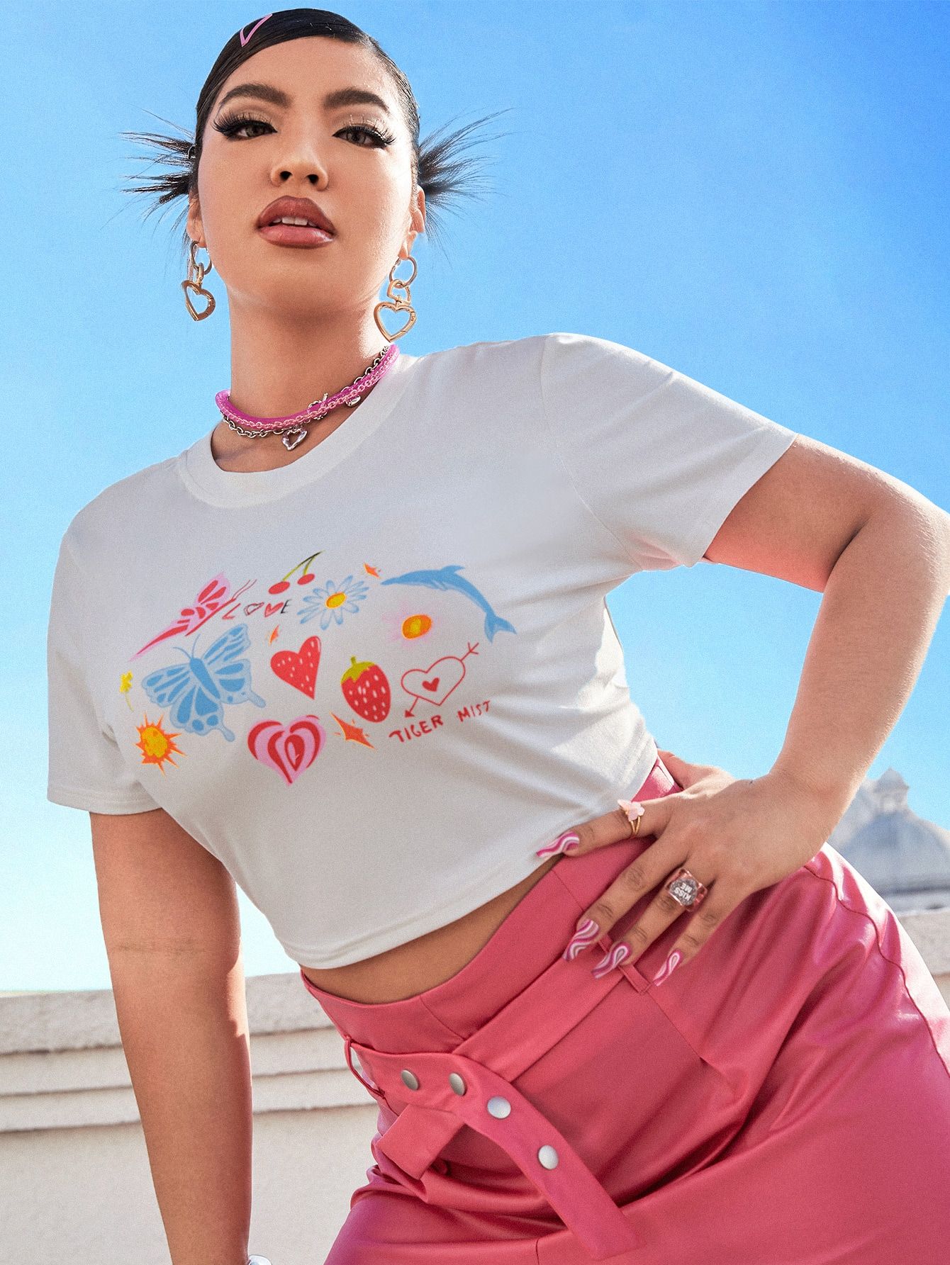 Plus Butterfly and Heart Print Crop Tee