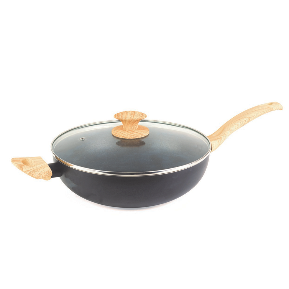 Sensarte Nonstick Deep Frying Pan w/ See Through Lid Woodgrain Handle  Skillet