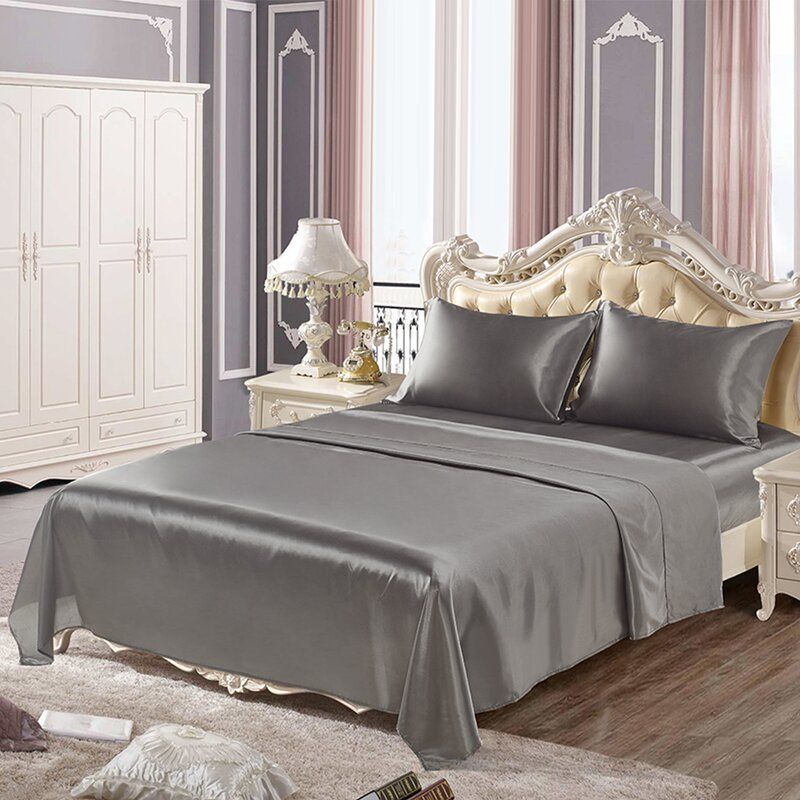 New Comfortable Satin Silk Fitted Sheet Bed Flat Sheet Set Bedding Pillow Case 