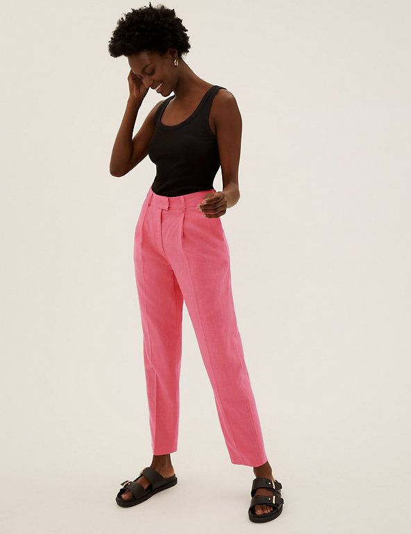Linen Blend Pleat Front Tapered Trousers