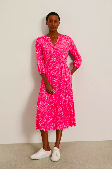 John Lewis & Partners Smock Tiered Abstract Floral Midi Dress, Pink