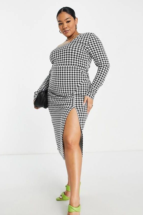 Curve one shoulder long sleeve midi dress with split in mono dogtooth: best midi dress