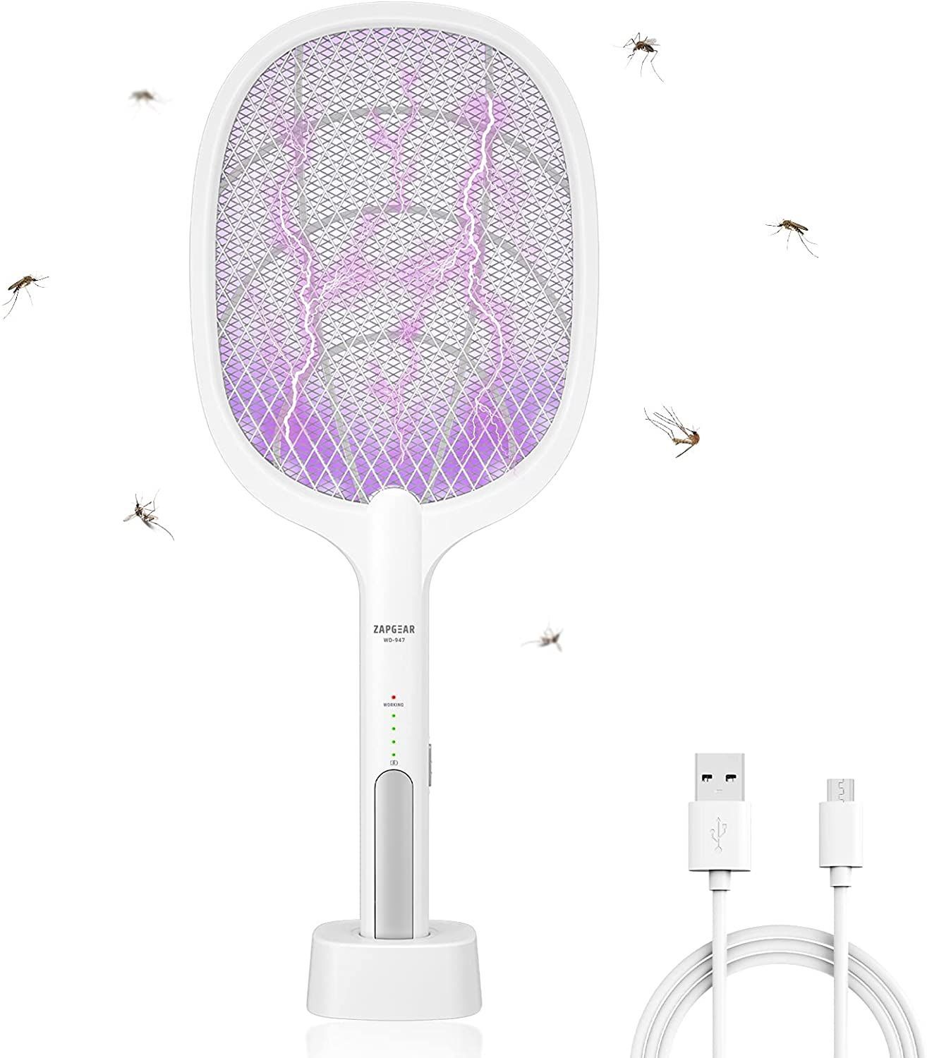 Green USB Rechargeable Electric Mosquito Fly Gnat Killer for Home Indoor Outdoor Endbug Bug Zapper Lamp & Fly Swatter Racket 2 in 1 