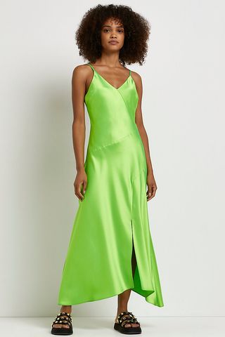 Green asymmetric slip midi dress
