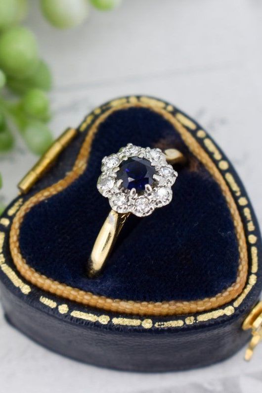 Vintage Sapphire and Diamond Round Cluster Halo 18ct 18K Yellow Gold and Platinum Ring