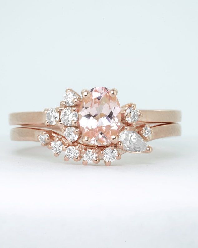 Oval champagne sapphire and diamond engagement and wedding ring set in rose/white/yellow gold or platinum