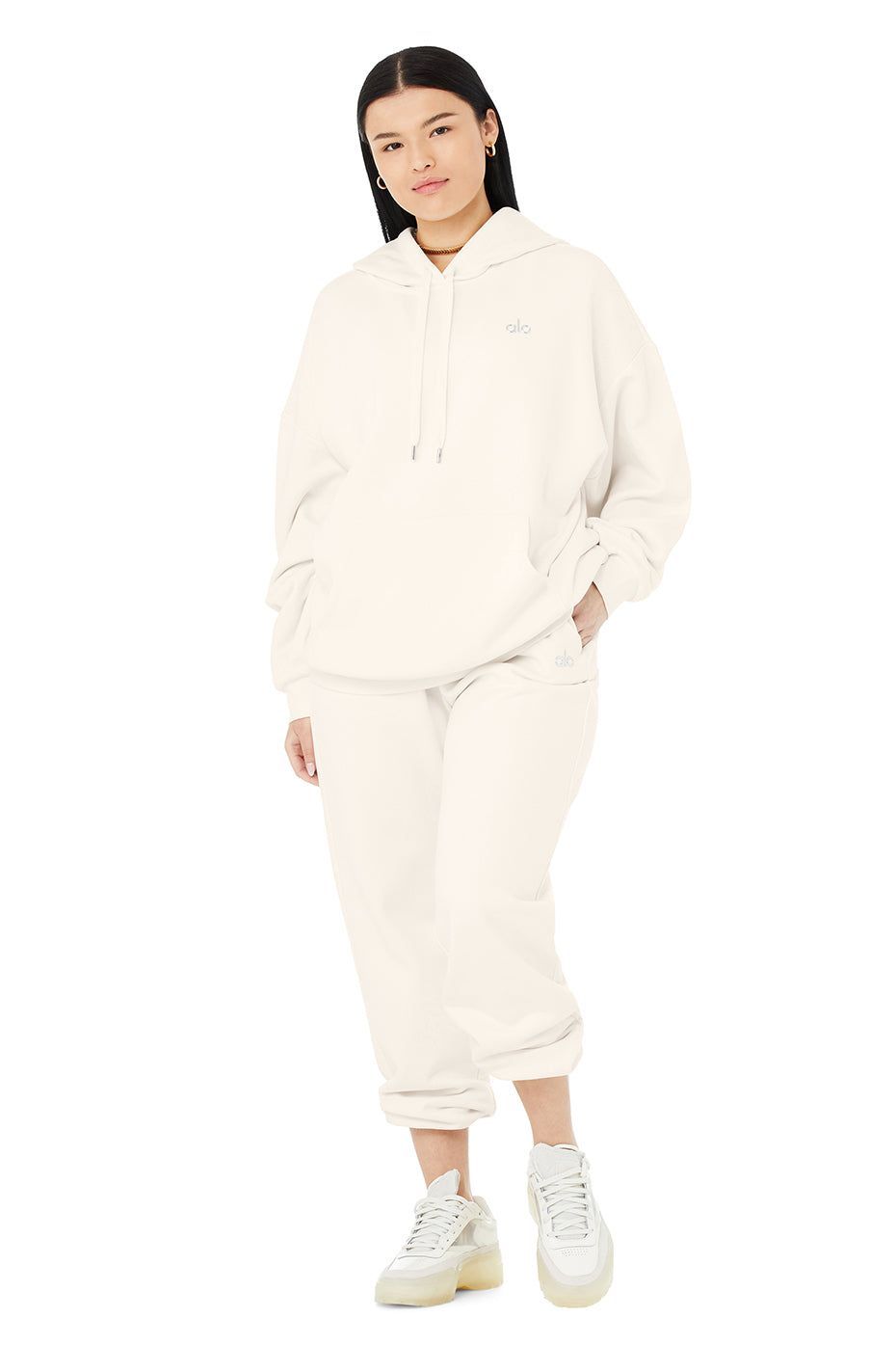 Women's Fashion Outfit Tracksuit Hooded Sweatshirt and Sweatpants Casual  Sports 2 Piece Set Solid Sweatsuits (White, S)