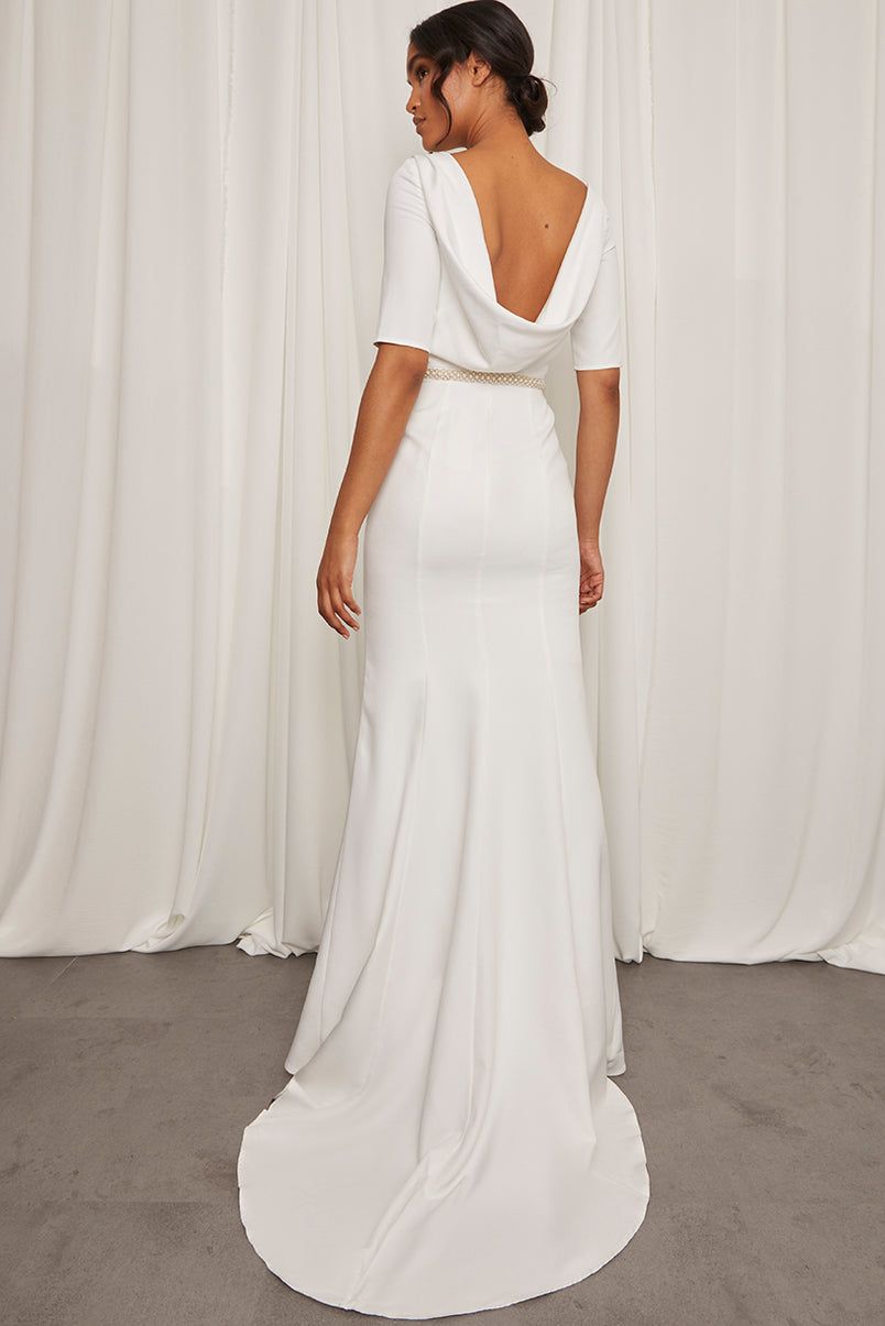 Short Sleeve Embellished Waist Maxi Wedding Dress in White