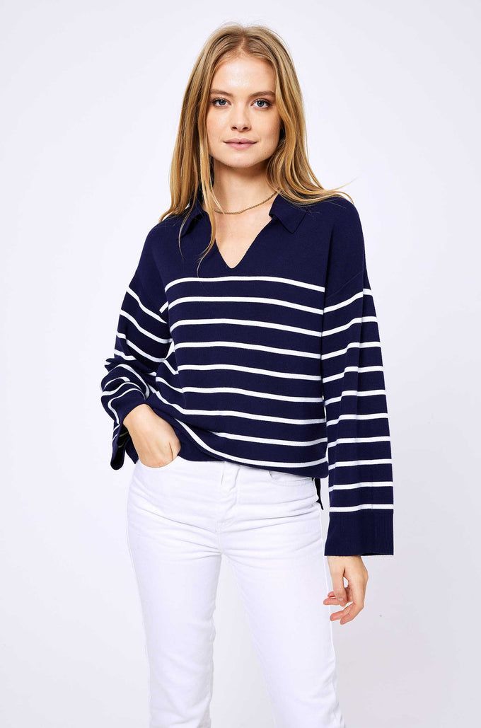 navy and white striped jumpers