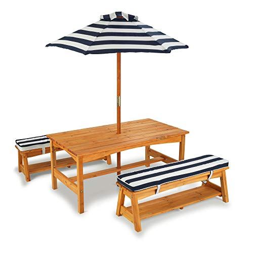 Outdoor Wooden Table & Bench Set with Cushions and Umbrella