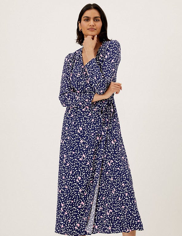 Ditsy Floral V-Neck Midi Wrap Dress