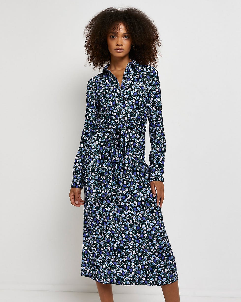 Navy floral midi shirt dress