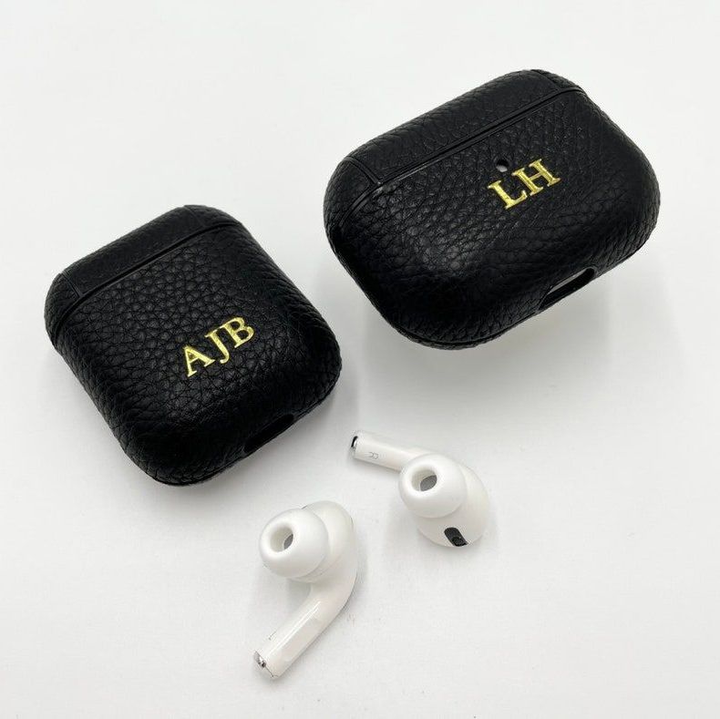 Personalised Black Genuine Pebble Leather AirPod Case Cover