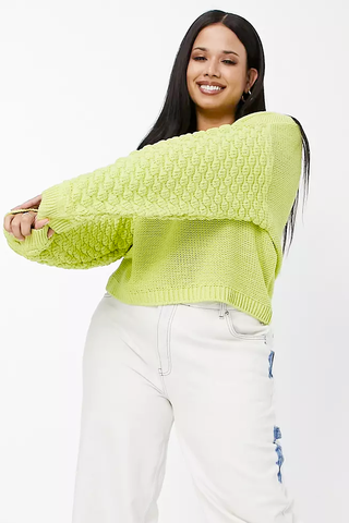 V neck jumper with textured sleeve in green