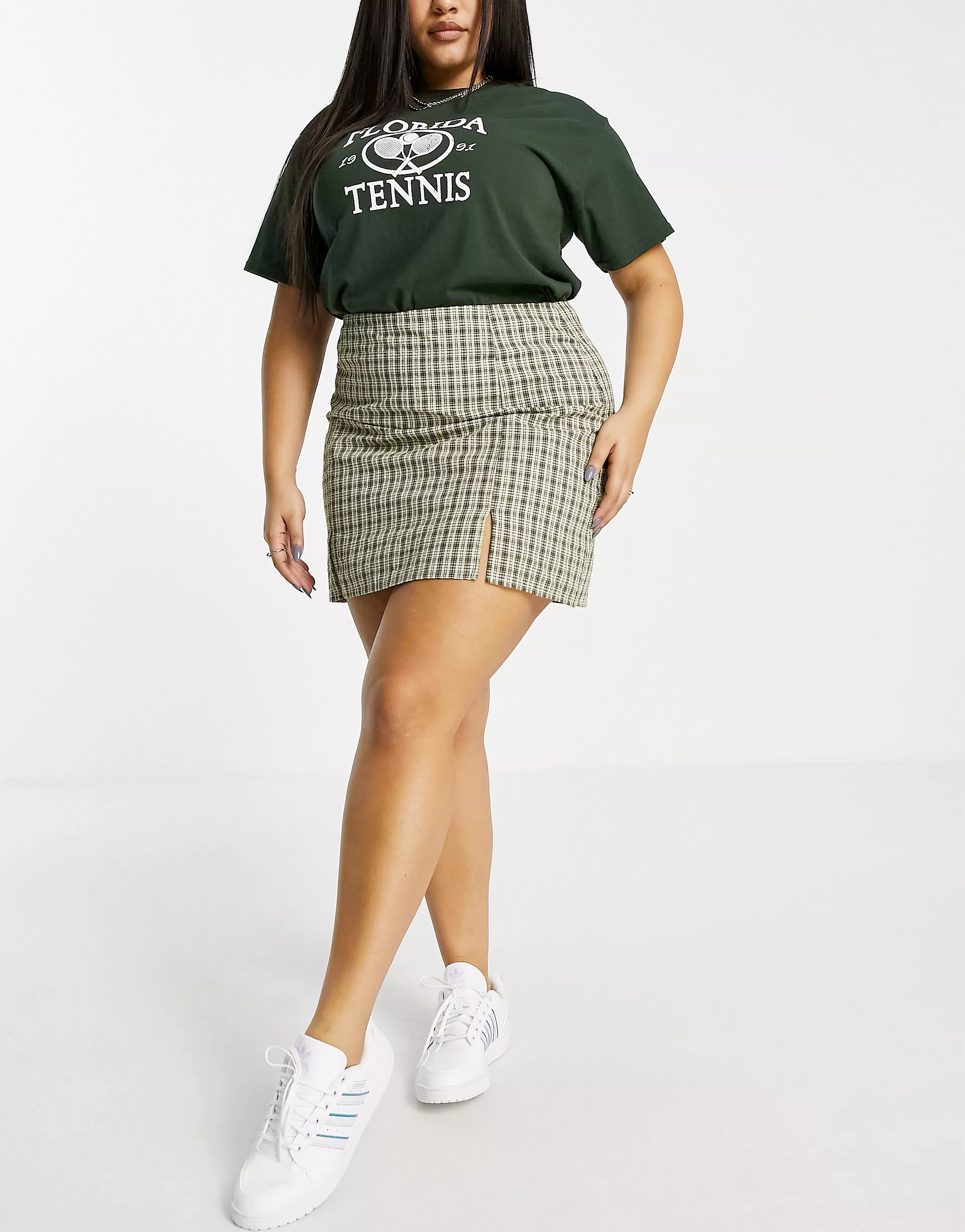 Mini a-line skirt with thigh split in green micro check