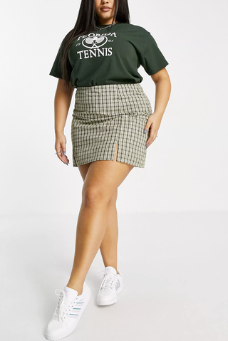 Mini a-line skirt with thigh split in green micro check