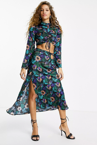 Recycled co-ord 70's print satin skirt in multi