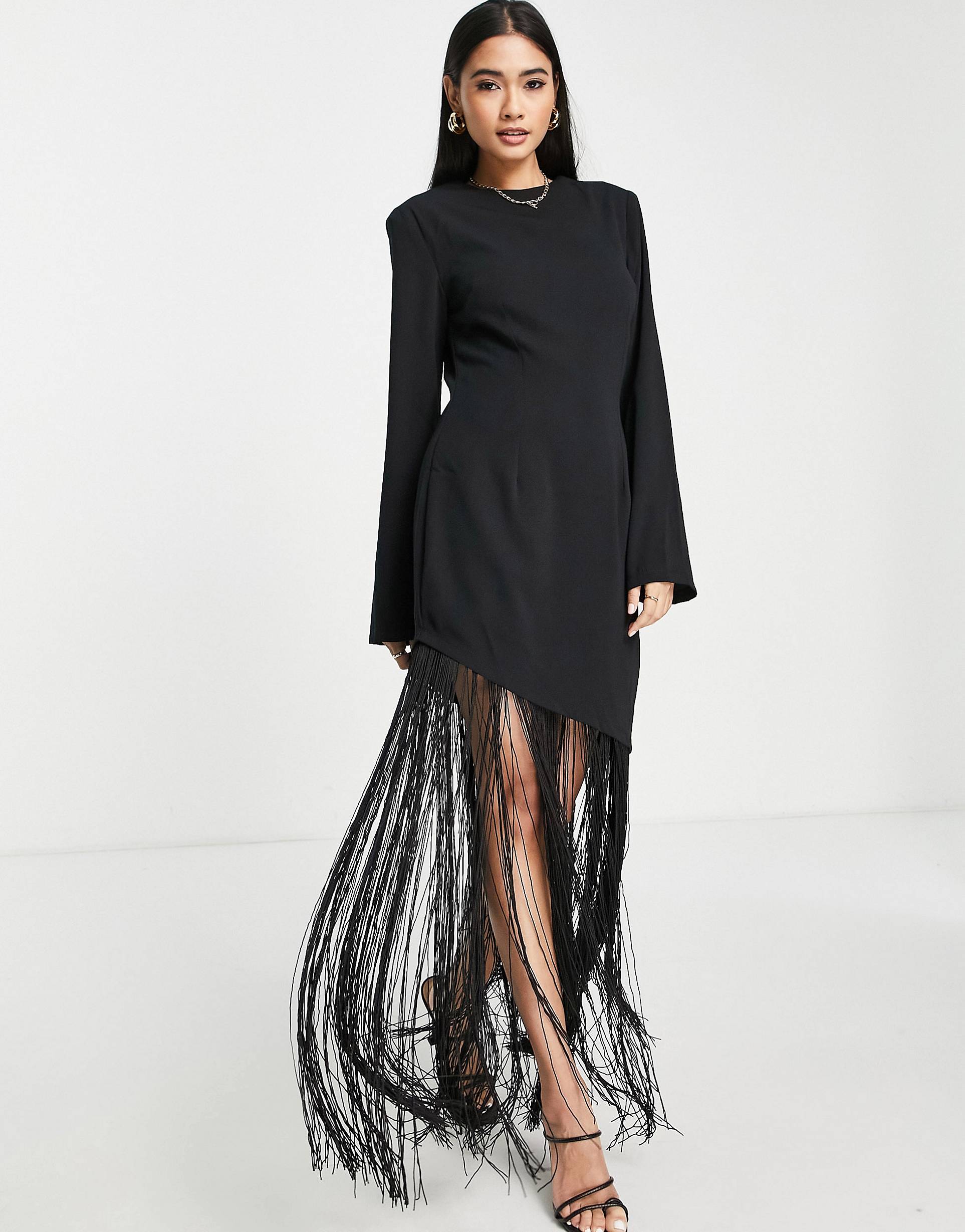 Asymmetric fringed maxi dress in black