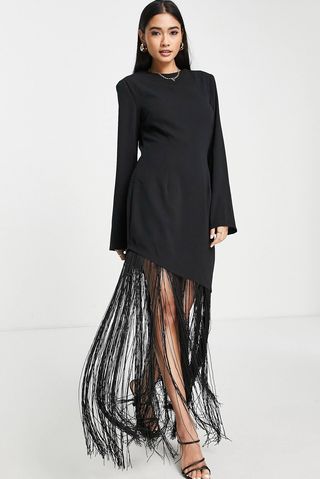Asymmetric fringed maxi dress in black
