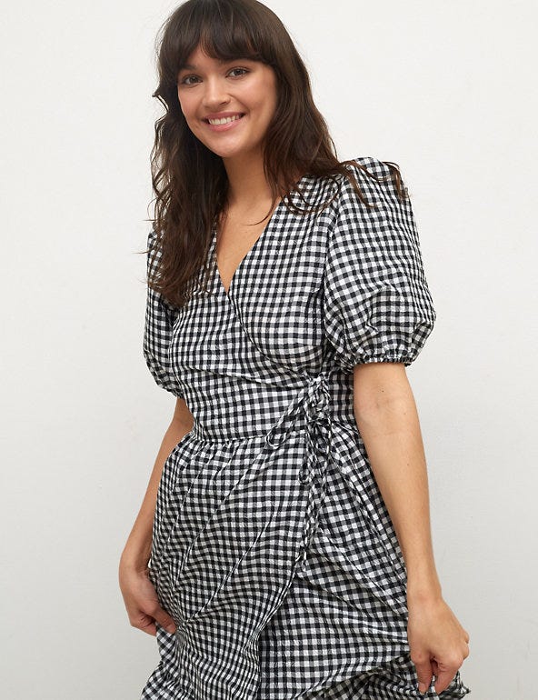 Cotton Blend Checked V-Neck Midaxi Wrap Dress