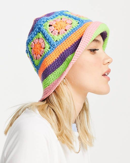 ASOS DESIGN crochet bucket hat in bright multi colors