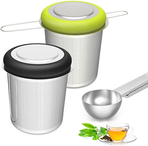 Infusor de té para té suelto, 2 unidades acero inoxidable 304 colador de té de malla fina con una cuchara multiusos, con tapa y asas plegables, filtro de té para taza y tetera