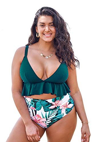 ESPRLIA Womens Plus Size Swimwear Floral Printed Halter Two Pieces Tankini Set Swimsuits