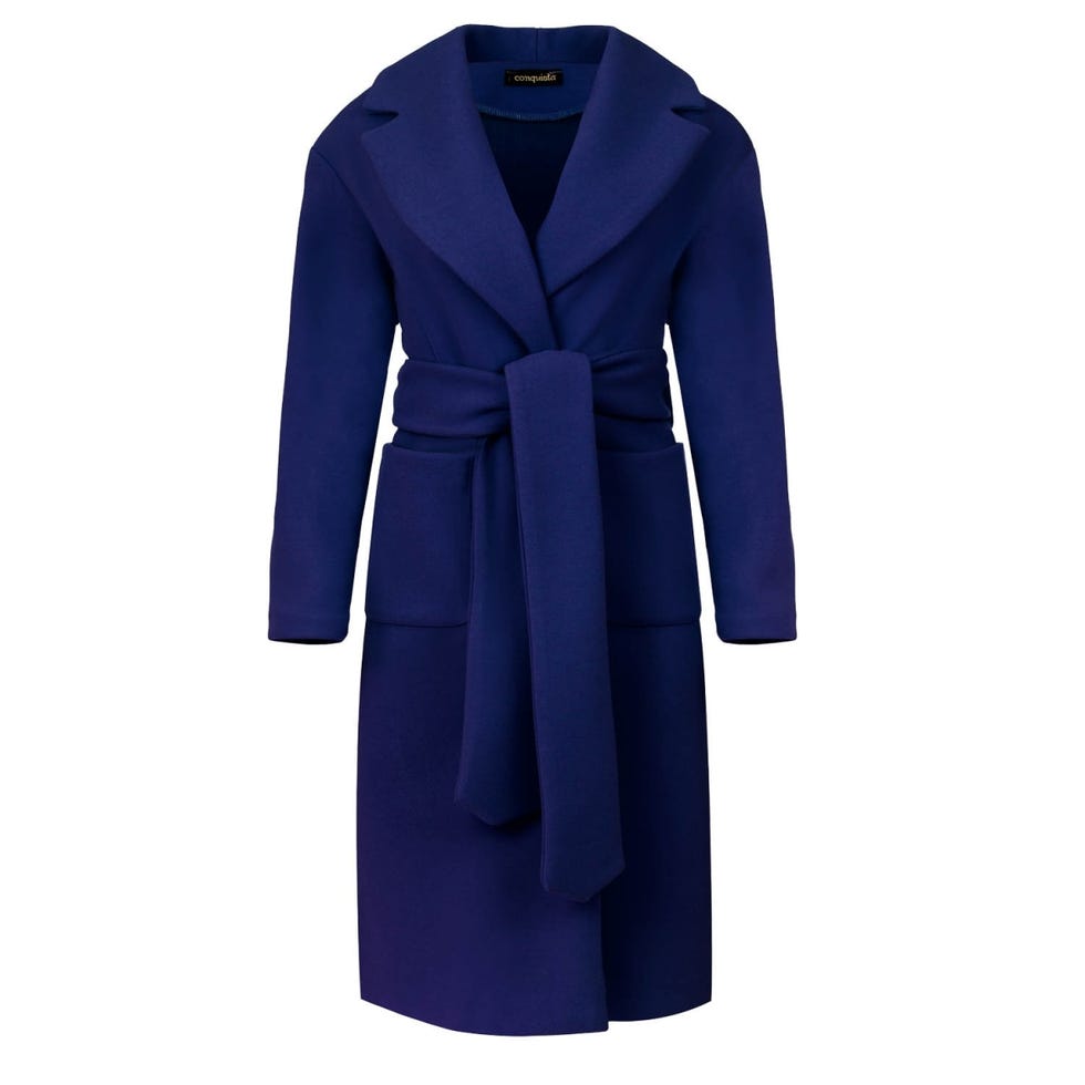 Long Electric Blue Faux Mouflon Coat With Belt