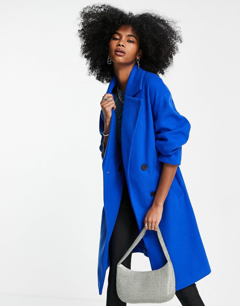 Bershka longline double breasted tailored coat in cobalt