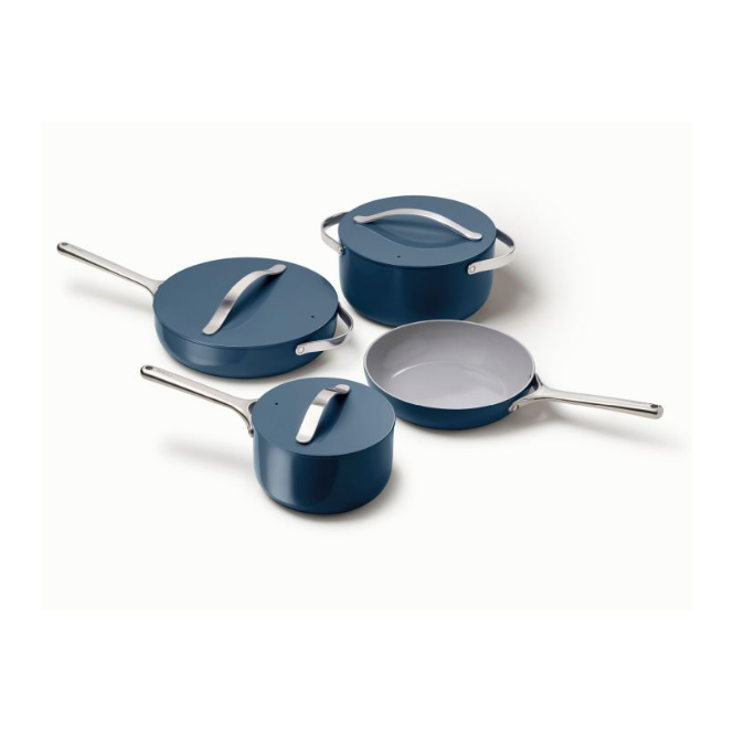 The famous caraway dupe pots and pans for $160! These are link in BIo., Drew Barrymore Pot And Pan Set