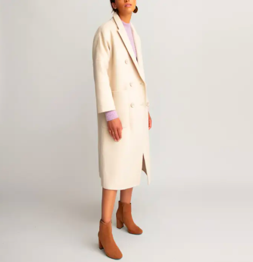 Long Double-Breasted Coat in Wool Mix with Pockets