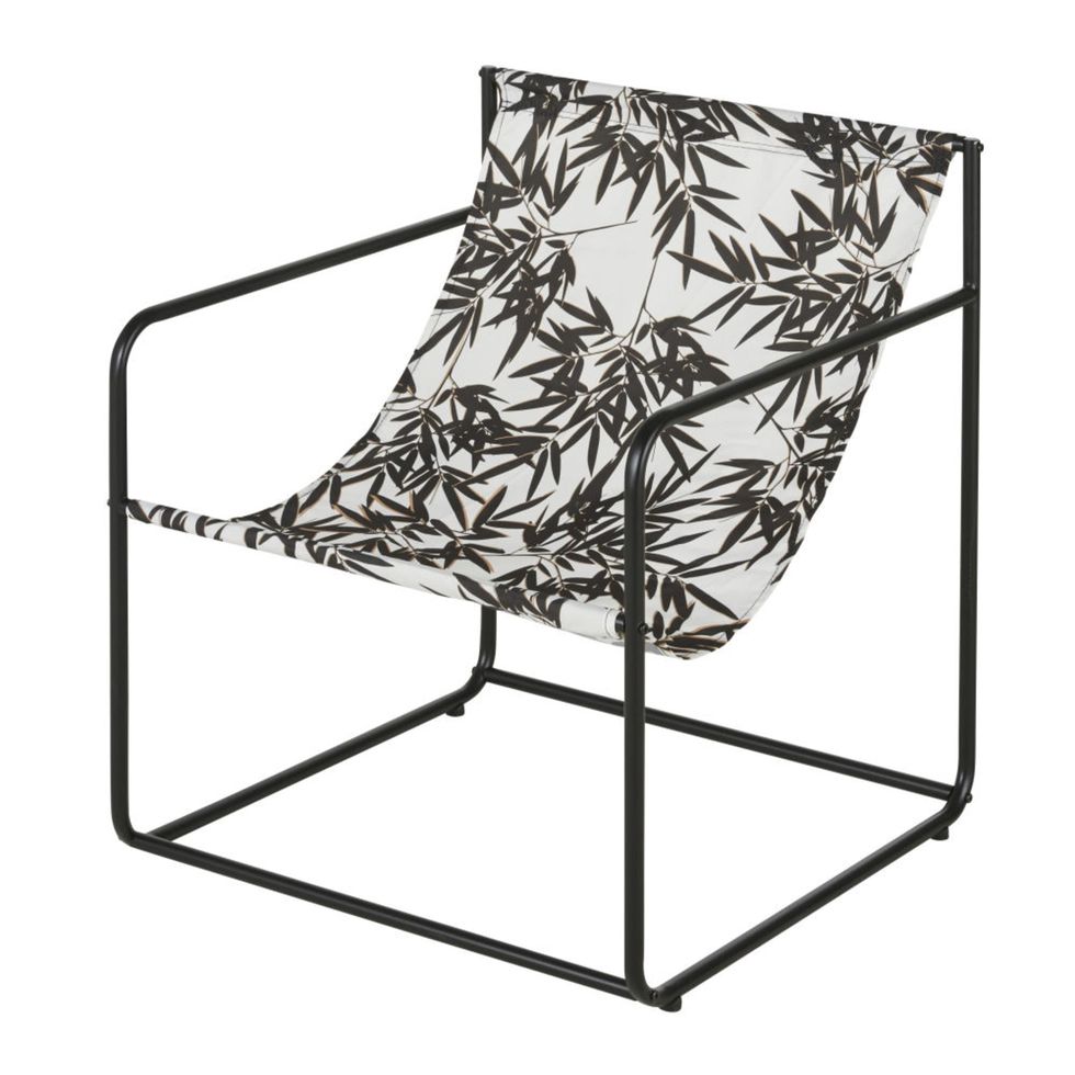 Lounger in black and white plant print coated canvas and black steel