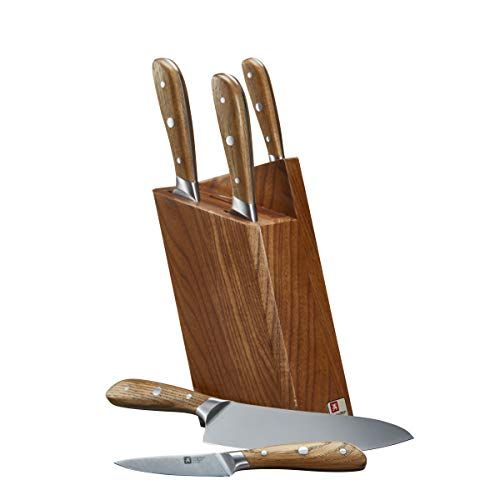 White and Gold Knife Set with Block Self Sharpening - 14 Piece Luxurious Titanium Coated Gold and White Kitchen Knife Set & Ashwood Wood Knife Block