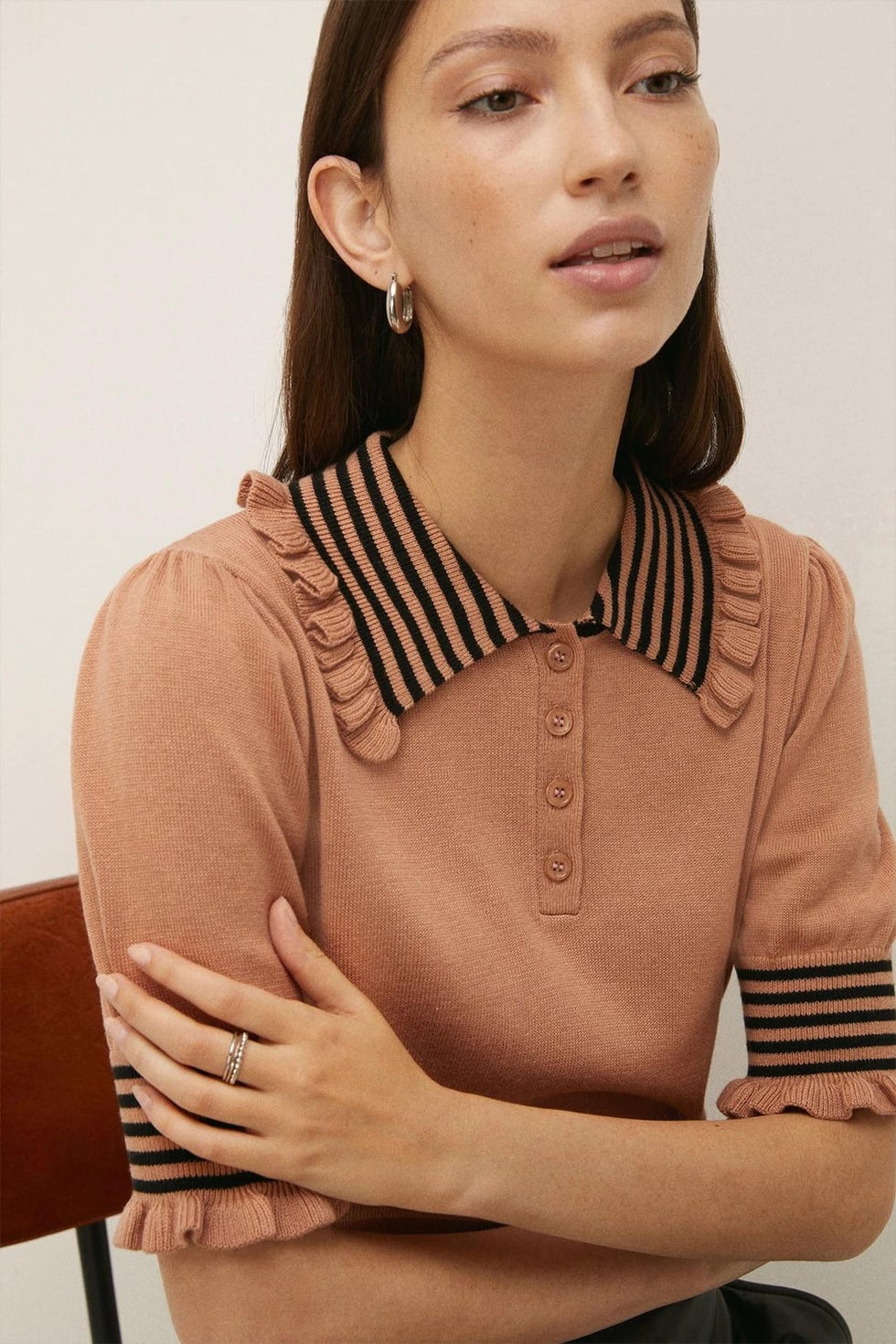 Petite Ruffle Polo Stripe Jumper