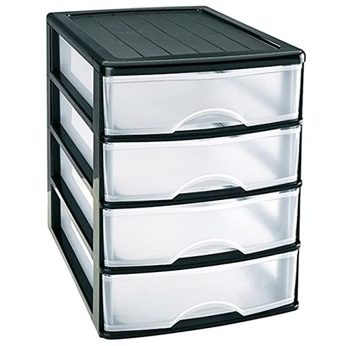 Plastic Desktop Storage Unit with Drawers, Stationary Arts Drawer Desktop Tabletop Organiser Storage Tower Unit for Office Bedroom Garage (35.5 x 27 x 35cm, Black with 4 Clear Drawers)
