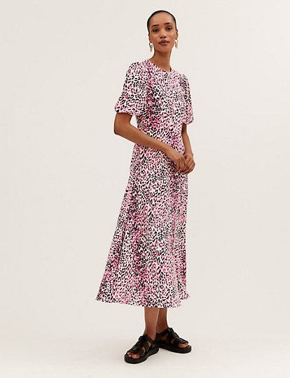 Animal Print Puff Sleeve Midaxi Tea Dress