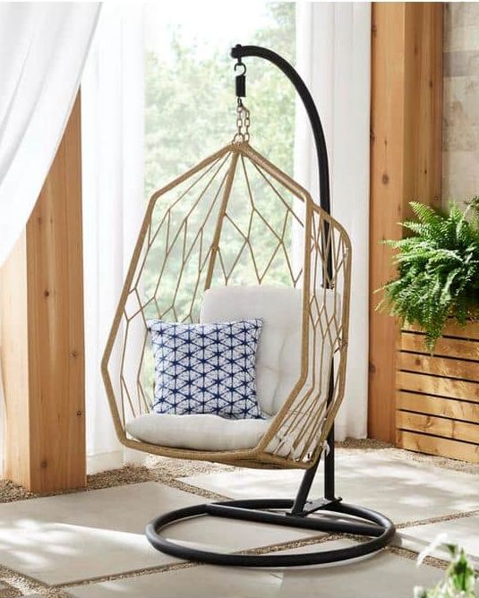 Tan Wicker Diamond-Shaped Outdoor Patio Egg Chair Swing
