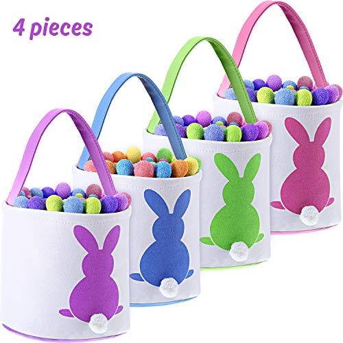 Party's Celebrate Decoration Eggs Candy and Gifts Carry Bucket , 12x10x3 inch Easter Egg Hunt Basket for Kids Bunny Canvas Tote 5 Pcs 2 Pink+3 Green 
