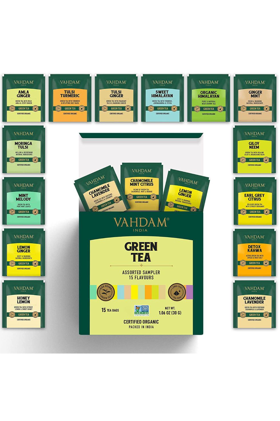 VAHDAM Green Tea Bag Sampler, 15 teas 